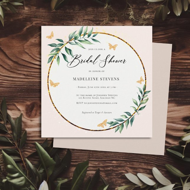 Convite Folhagem Botânica Rústica Borboletas Douradas Brid (rustic simple botanical foliage butterflies bridal shower invitation elegant country barn simple)