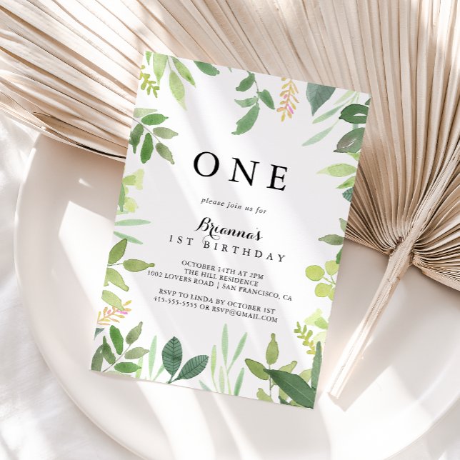 Convite Folhagem Botânica Verde Primeira Festa de aniversá (Criador carregado)