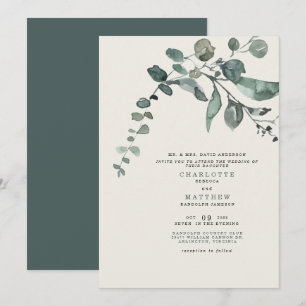 Convite Folhagem Casamento Noiva Pais Verde Azul e Creme