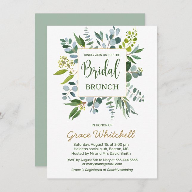 Convite Folhagem de água verde Bridal Brunch (Frente/Verso)