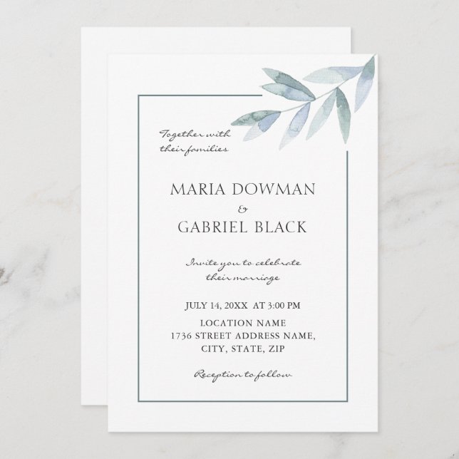 Convite Folhagem de aquarela Elegante Casamento de laticín (Frente/Verso)