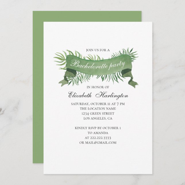 Convite Folhagem de aquarela. Festa de solteira tropical (Frente/Verso)