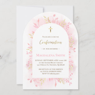 Convite folhagem de aquarela rosa Confirmação