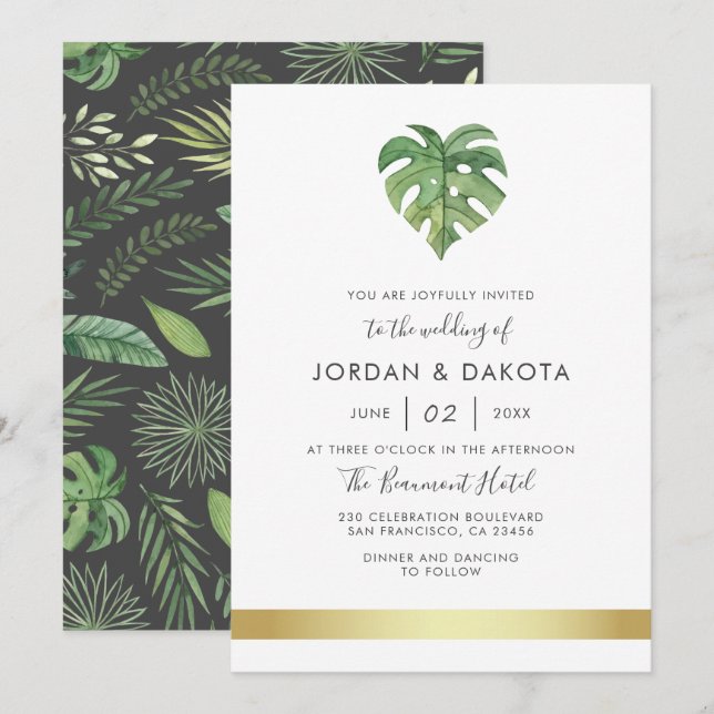 Convite Folhagem de Aquarela Tropical | Casamento Dourado  (Frente/Verso)