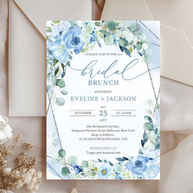 Convite Folhagem de eucalipto azul e prateada (silver and blue flowers eucalyptus bridal brunch invitation digital)