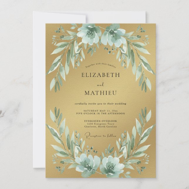 Convite Folhagem de Eucalipto Espuma Dourada para Casament (Frente)