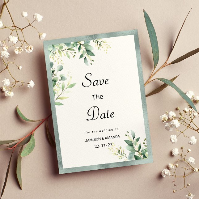 Convite Folhagem de eucalipto verde-mint Salva a Data (Mint green rustic eucalyptus foliage Save The Date)