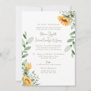 Convite Folhagem de Girassol Elegante Texto Dourado Casame