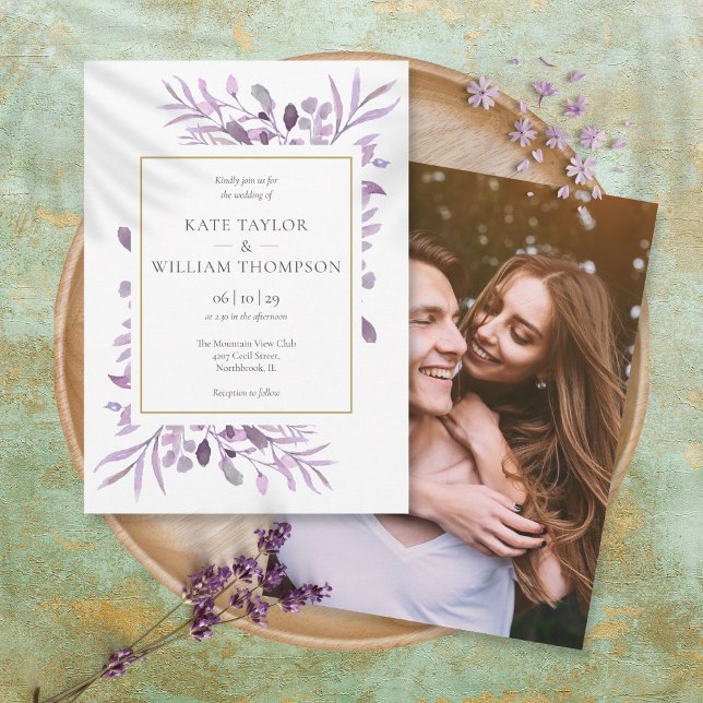 Convite Folhagem de Lavanda Roxa Foto Casamento Dourado (Criador carregado)