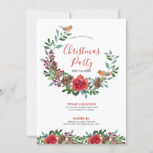 Convite Folhagem de Natal e rosas vermelhas buquê e Red R