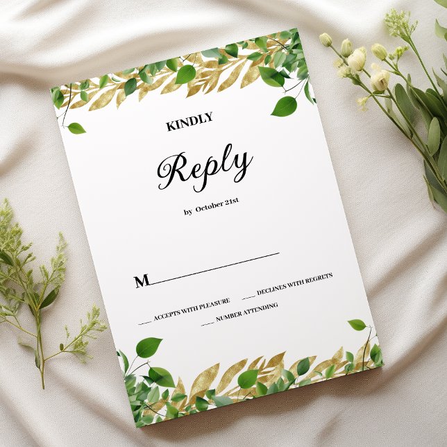 Convite Folhagem de ouro botulínica RSVP (Botanical greenery gold foliage Wedding RSVP)