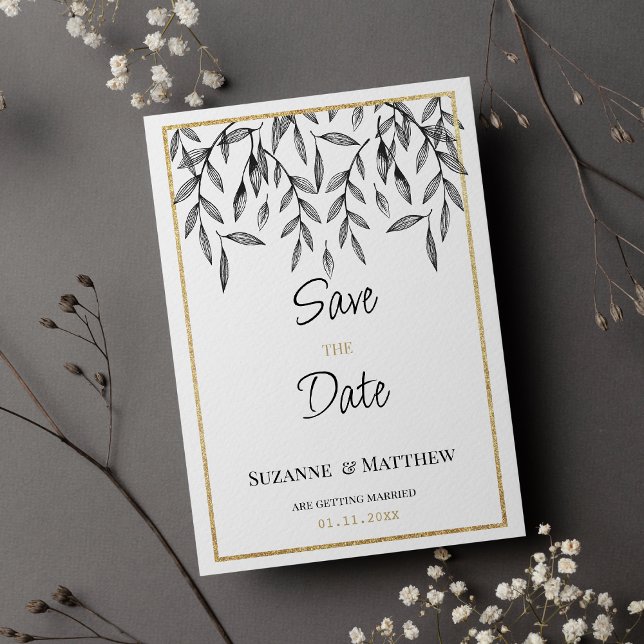 Convite Folhagem de ouro branco preto simples Guardar a Da (Simple black white gold foliage Save the Date )