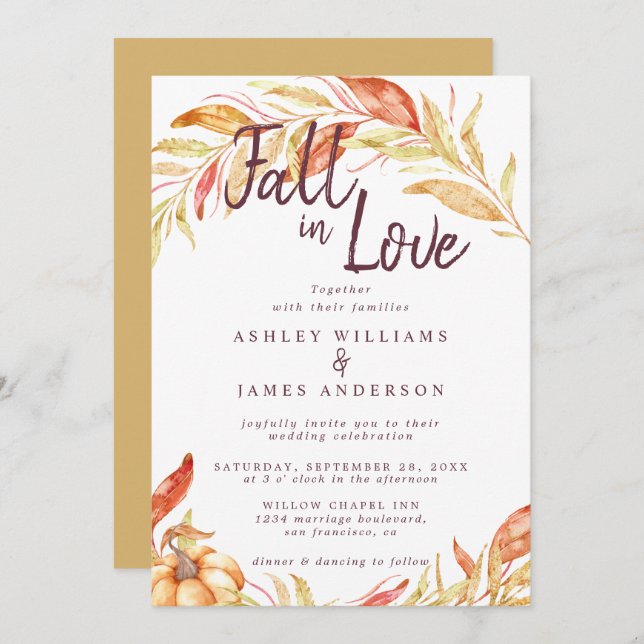 Convite Folhagem de Ouro de outono Casamento Amarelo de ou (Frente/Verso)