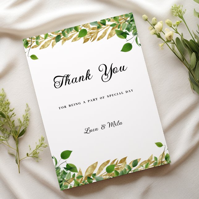 Convite Folhagem de ouro de verde-botânico Obrigado (Botanical greenery gold foliage Thank You)