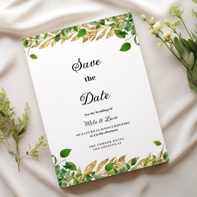 Convite Folhagem de ouro em verde botânico Salvar a Data (Botanical greenery gold foliage Save the Date )
