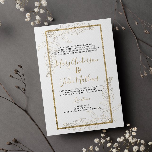 Convite Folhagem de ouro para luxo e glitter (Chic luxury gold glitter foliage Wedding )