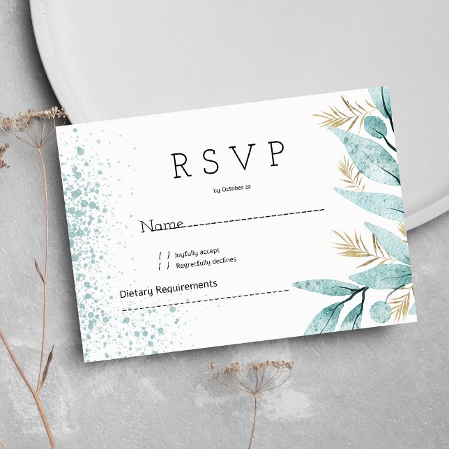 Convite Folhagem de ouro verde da hortelã aquosa RSVP (Watercolor mint green gold foliage RSVP )