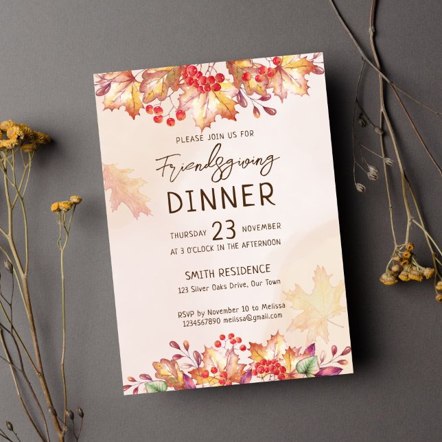 Convite Folhagem de outono de Ação de Graças de Amizade (Freindsgiving thanksgiving dinner party template invitation instant download fall watercolor foliage)
