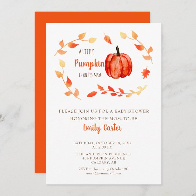 Convite Folhagem de outono de Chá de fraldas Pequeno Abóbo (Frente/Verso)