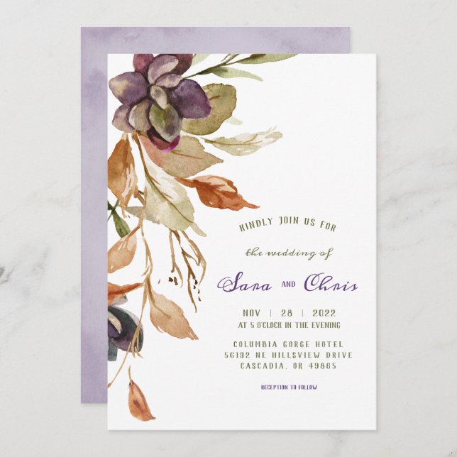 Convite Folhagem de outono e Suculente | Púrpura Aquarela (Frente/Verso)