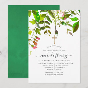 Convite Folhagem de primavera em aquarela Batismo ou Crism