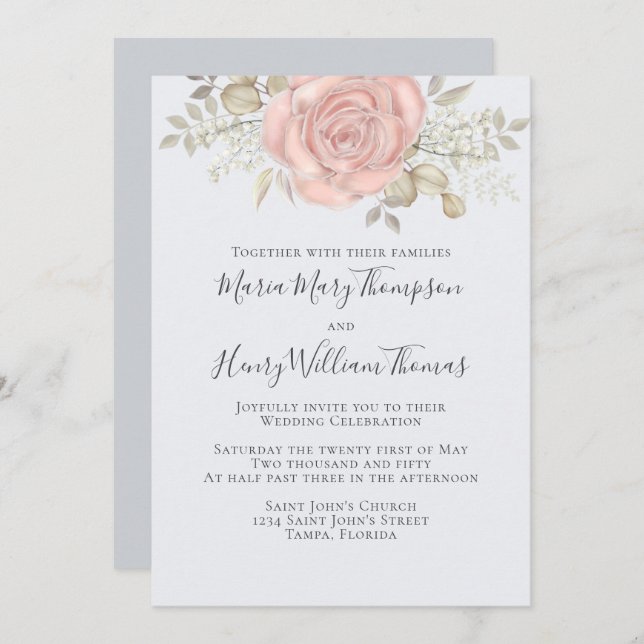 Convite Folhagem de Rosa Floral Elegante Elegante rosa Dou (Frente/Verso)