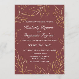 Convite Folhagem Dourada Elegante em Blush. Casamento de l