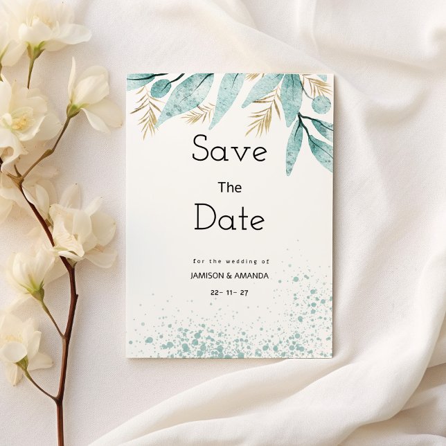 Convite Folhagem dourada verde da horta aquosa Salvar a Da (Watercolor mint green gold foliage Save The Date)