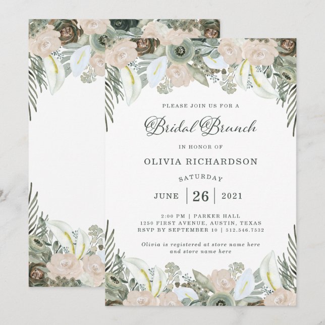 Convite Folhagem e Floral| Sage Green Bridal Brunch (Frente/Verso)