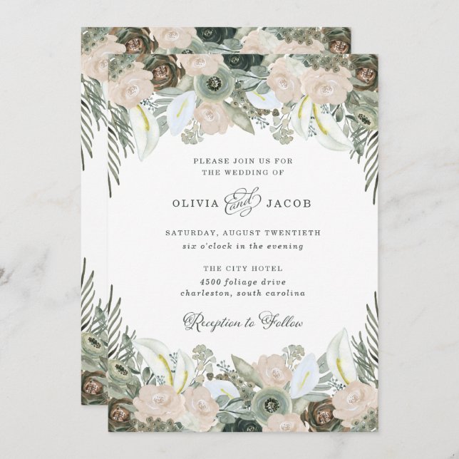 Convite Folhagem e Floral | Sage Green Wedding (Frente/Verso)