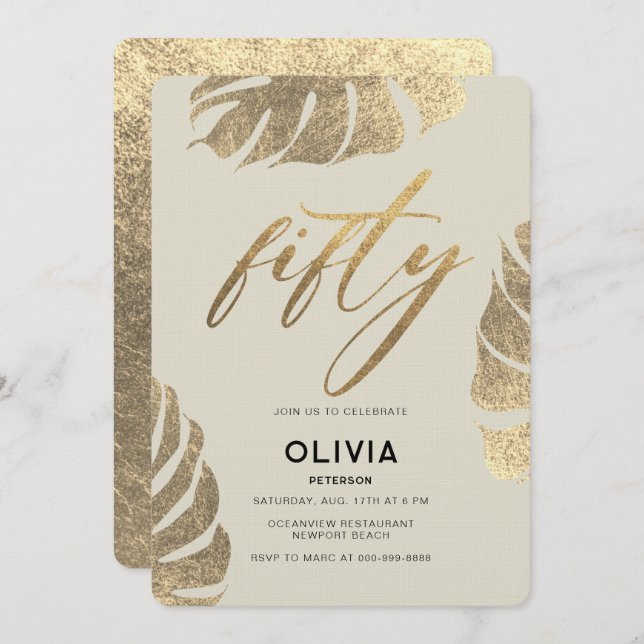 Convite Folhagem Elegante Dourada moderna 50º Aniversário (Frente/Verso)