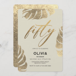 Convite Folhagem Elegante Dourada moderna 50º Aniversário