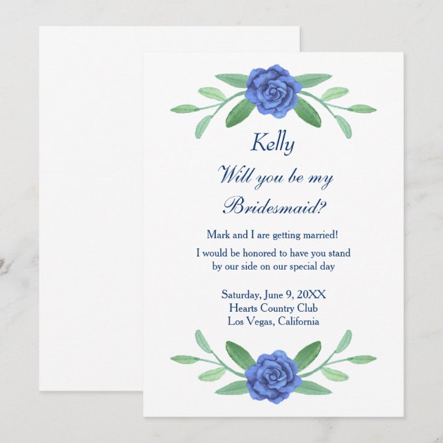 Convite Folhagem Floral Azul Folhagem Bridesmaid Card (Frente/Verso)