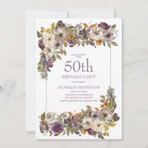Convite Folhagem Floral de Marfim Amarelo Roxo 50º Aniver