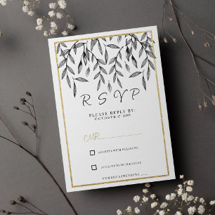 Convite Folhagem floral de ouro branco preto simples RSVP