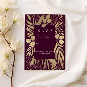Convite Folhagem floral de ouro burgundy de luxo RSVP