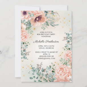 Convite Folhagem Floral Rosa Brilho Dourado Aniversário de
