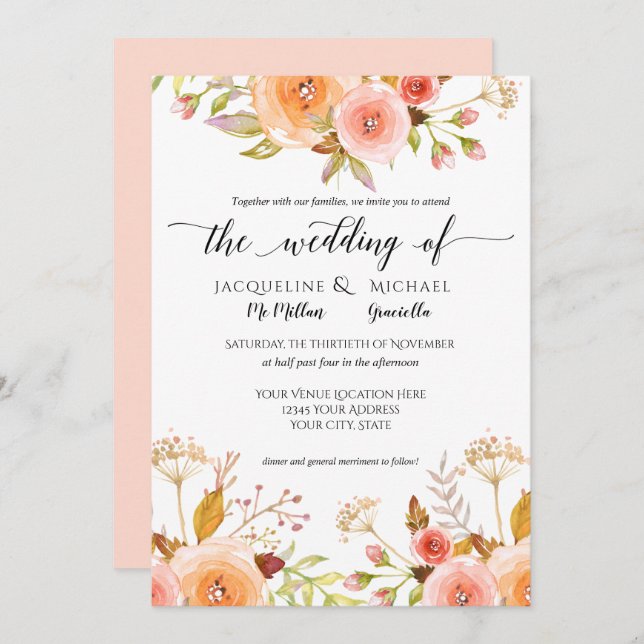 Convite Folhagem Floral Rosa de Casamento Floral com Blush (Frente/Verso)