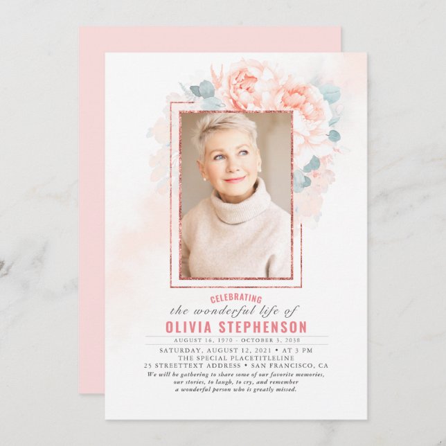 Convite Folhagem Floral Suave, Cor-de-Rosa, Foto Funeral (Frente/Verso)