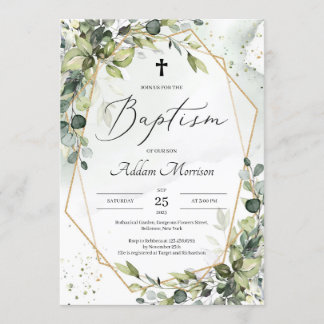 Convite Folhagem geométrica verde Dourada deixa batismo