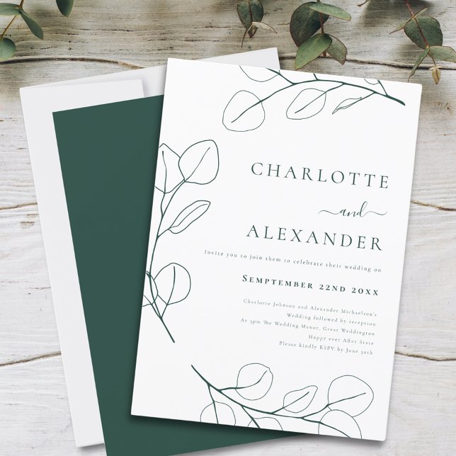 Convite Folhagem Minimalista Moderna de Eucalipto Verde (Modern Simple leaf drawing dark green wedding invitation with elegant typography script )