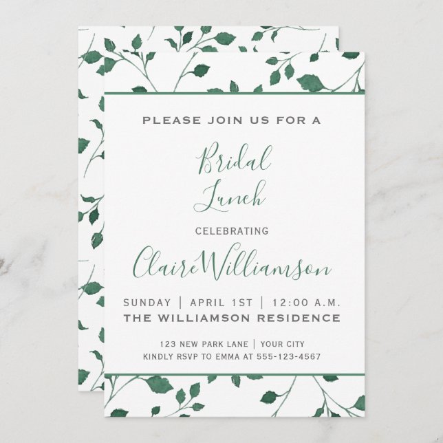 Convite Folhagem Rustic Green Watercolor | Almoço de Brida (Frente/Verso)