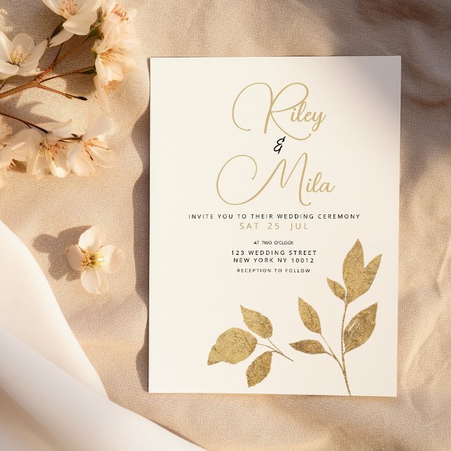 Convite Folhagem simples de ouro branco de luxo Casamento (Simple luxury white gold foliage Wedding)