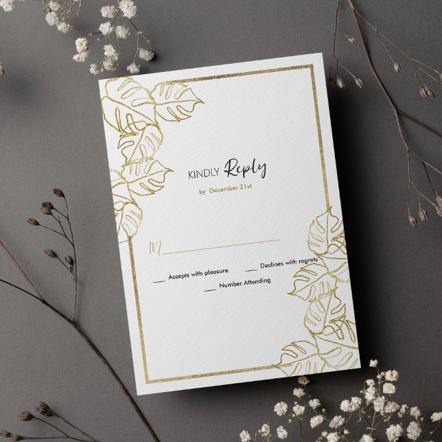Convite Folhagem tropical de ouro branco sofisticada RSVP (Sophisticated white gold tropical foliage RSVP)