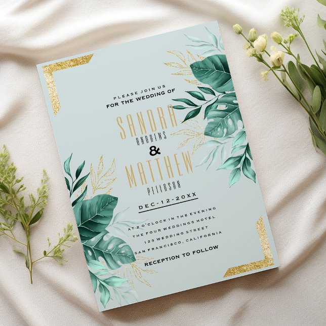 Convite Folhagem tropical de ouro verde-hortelã (Tropical mint green gold glitter foliage Wedding)