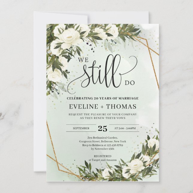 Convite Folhagem verde de oliveira deixa rosas brancas que (Frente)