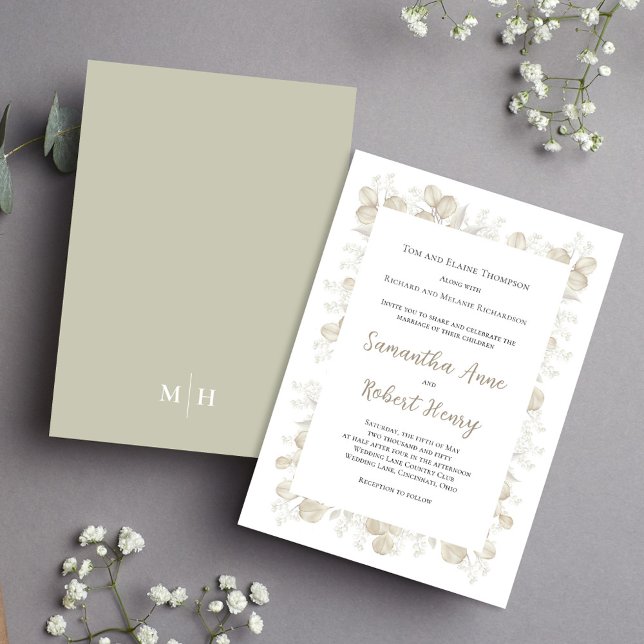 Convite Folhagem Verde do Jardim Botânico Elegante (Simple and elegant sage green and cream foliage wedding invitation.)