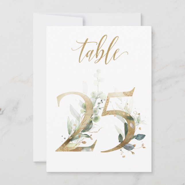 Convite Folhagem Verde e Dourada de Aquarela, Quadro Númer (Frente)