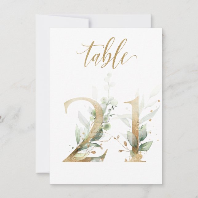 Convite Folhagem Verde e Dourada de Aquarela, Quadro Númer (Frente)