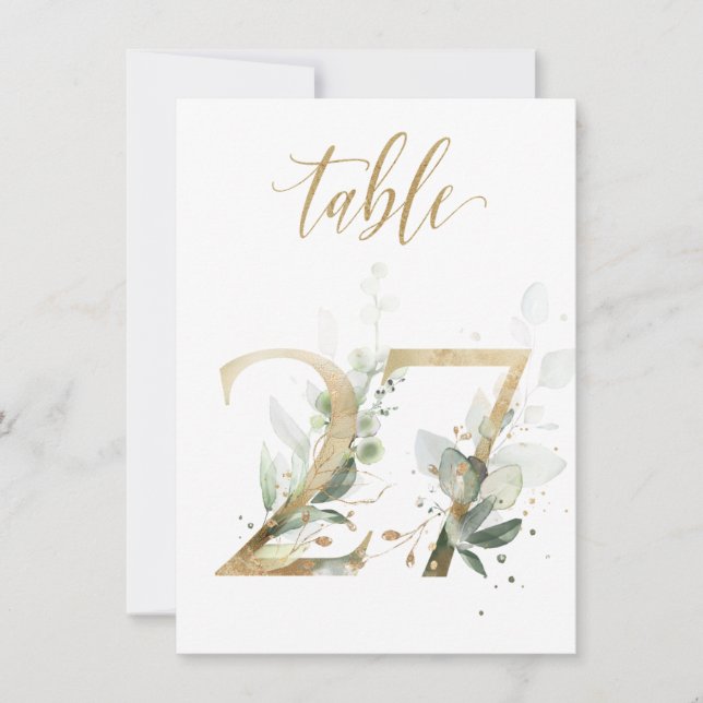 Convite Folhagem Verde e Dourada de Aquarela, Quadro Númer (Frente)
